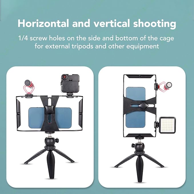 Smartphone Video Cage, Expandable Clamp Up to 100mm Ergonomic Grip Phone Video Rig Phone Cage Stabilizer with 0.25 Inch Screw Holes, for Filming Vlogging and Film Making