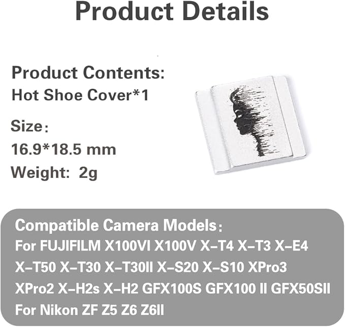Camera Metal Hot Shoe Cover Protector for Fuji X100VI X100V X-M5 X-E5 X-T4 X-T3 XPRO3 XPRO2 X-Half for Nikon ZF Z5 Z6 Z6II (Aluminum Alloy-Profile)
