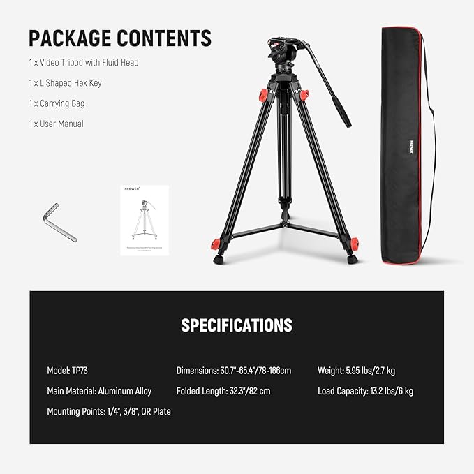 NEEWER Video Tripod with Fluid Head, Heavy Duty Aluminum Compact Portable Camera Tripod Stand for DSLR Camcorder Compatible with DJI Gimbals Compatible with Manfrotto QR Plates, Max Load 13.2 lb, TP73