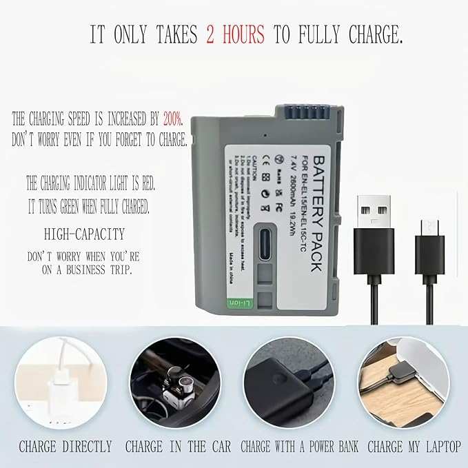 EN-EL15C Replacement Battery with USB C Fast Charging Port for Zf / Z8 / Z7 / Z6, 2.5H Full Charged Battery for Z7 II, Z6 II, Z5, D850, D810, D810A, D780, D750, D610, D500, D7500