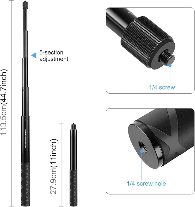 PULUZ Third Person Perspective Motorcycle Bike Handlebar Mount Selfie Stick Pole for Gopro, Insta360 X4 X3, Action Camera Clamp Monopod Stand 11-44.7 inch