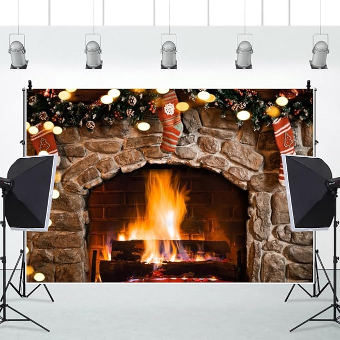 CSFOTO 8x6ft Vintage Brown Brick Wall Burning Fireplace Background Gold Glitter Sequins Country Farm Christmas Living Room Decoration Background Winter House Photo Studio Props