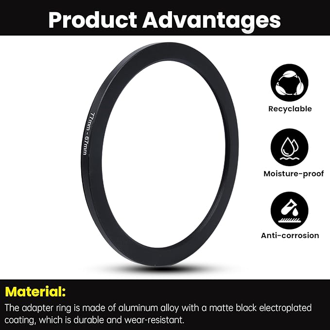 Metal Step Down Ring Filter Adapter - 77mm to 67mm - Metal Ring Step Down Rings Adapter Filter Compatible with All 67mm UV, CPL, ND, Lens Hood, Threaded Lens ect