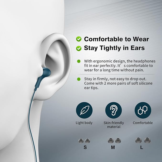 USB C Headphones for iPhone 17/16/15/Samsung S26/S25/S24 Wired Earbuds with Microphone for Galaxy S23 S22 S21 S20 Magnetic Noise Canceling in-Ear Type C Earphones for iPad 10th/Pixel 9 8 7a, Lake-Blue