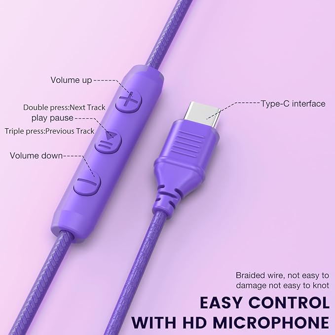 INFURTURE USB C Headphones with Mic,Volume Control,Tangle-Free Plaiting Line,Wired Headphones Type c,Lightweight Foldable for iPhone 17/16/15 Headphone Series/Tablet/School/Travel/Sports/Audiobooks