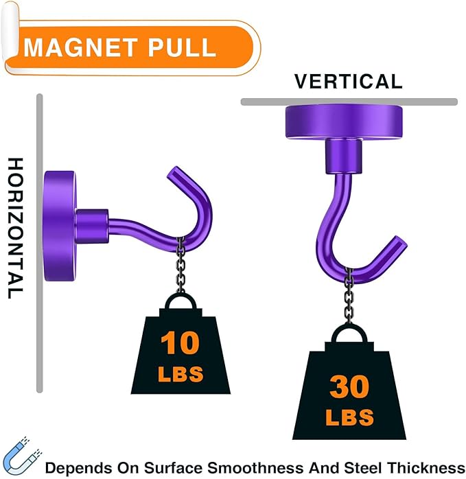 MIKEDE Magnetic Hooks Heavy Duty, 30LB+ Strong Magnets with Hook for Fridge, Neodymium Extra Strength Industrial Hooks for Hanging, Magnetic Hanger for Toolbox, Cruise, Grill (Purple, 4 Pack)
