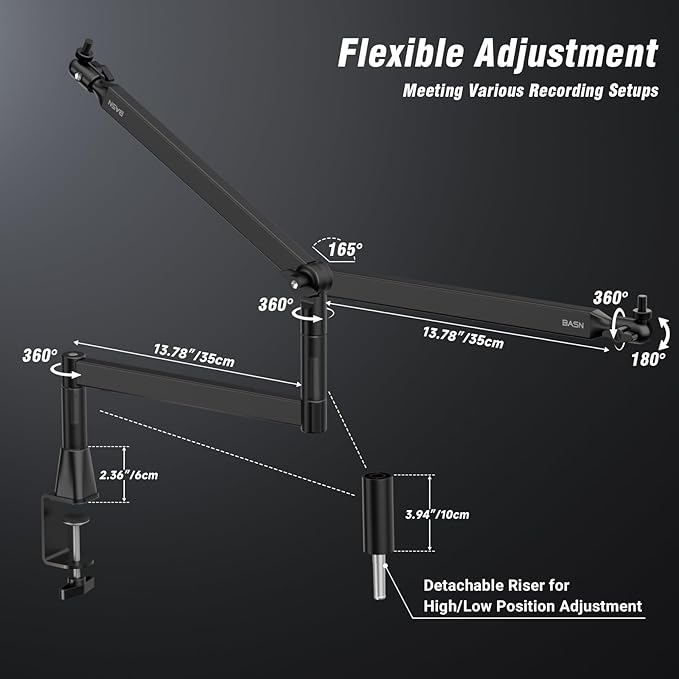 BASN Low Profile Mic Arm, Microphone Boom Arm Stand with Desk Clamp - Rotatable & Storable Design, Cable Management Channel, 3/8" to 5/8" Thread Adapter for Podcast, Gaming, Streaming, Vocal Recording