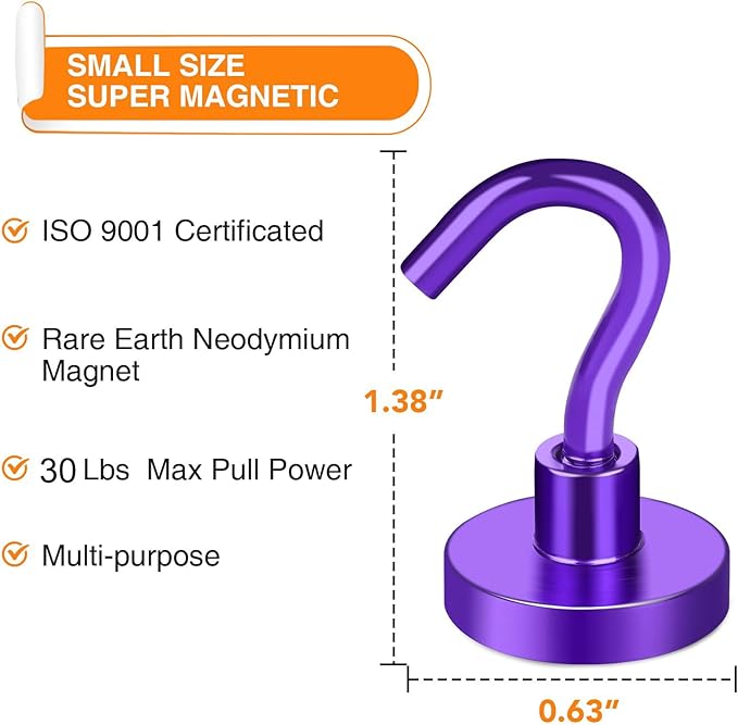 MIKEDE Magnetic Hooks Heavy Duty, 30LB+ Strong Magnets with Hook for Fridge, Neodymium Extra Strength Industrial Hooks for Hanging, Magnetic Hanger for Toolbox, Cruise, Grill (Purple, 4 Pack)