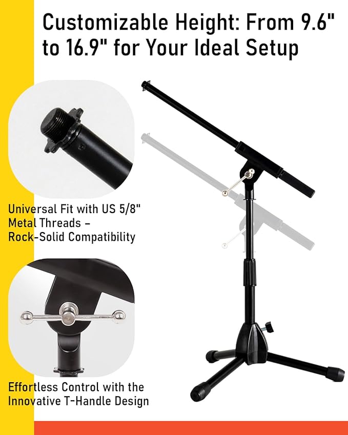 Stage Rocker Foldable Tripod Low-Profile Mic Boom Stand, 2 Pack - Height Extending from 9.6'' to 16.9'', w/Adjustable Telescoping Arm Up to 9'', Lightweight, Black, Powered by Hamilton(SR610121B-2PK)