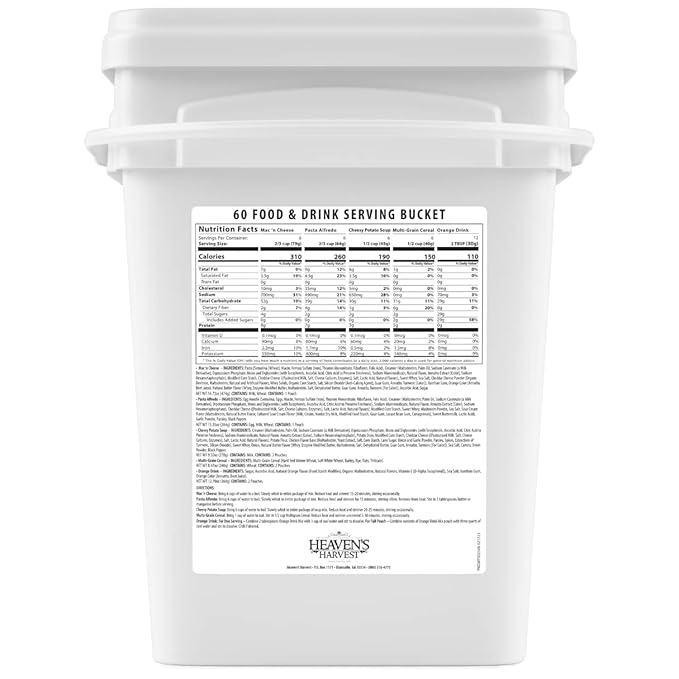 Heaven’s Harvest 25-Year Family Food Kit — Emergency Food Supply. Freeze Dried Survival Food Kit + Water-Proof 25-Year Storage Bucket. MRE Meals/Non-Perishable & Perfect Camping Food (60 Servings)