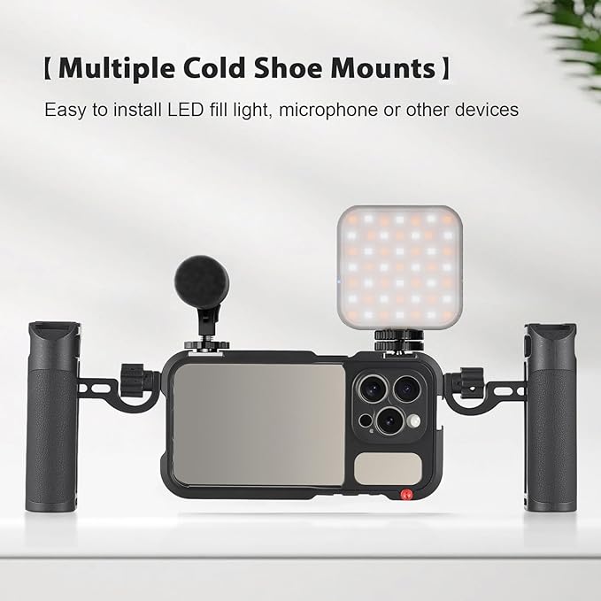 Andoer Portable Phone Cage with Dual Handles Mobile Phone Video Rig Handheld Smartphone Stabilizer Several Cold Shoe Mounts Replacement for iPhone 15 Pro