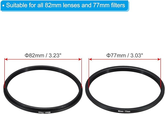 PATIKIL 82mm-77mm Metal Step Down Ring with Cleaning Cloth, 2 Pack Camera Lens Filter Adapter Ring Aluminum Filter Adapter Ring for Camera Lenses Hood, Black