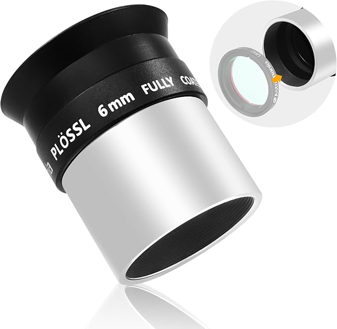 Astromania Telescope Eyepiece 6mm Plossl, 1.25 Inch Telescope Accessory Eyepiece Fully Multi Coated 4-Element Plossl Design, Metal 50 Degree Apparent Field of View for Astronomy Telescopes & Filters
