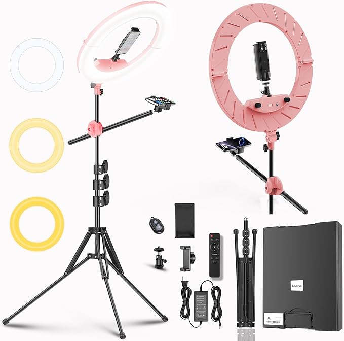 55W18 45cm Ring Light Kit [New Version] 6700K Dimmable LEDRinglightTripod Stand Dual Phone Holder for iPhone Selfie Makeup LashTattoo Studio Lighting Painting,Photo Video Recording (Pink)