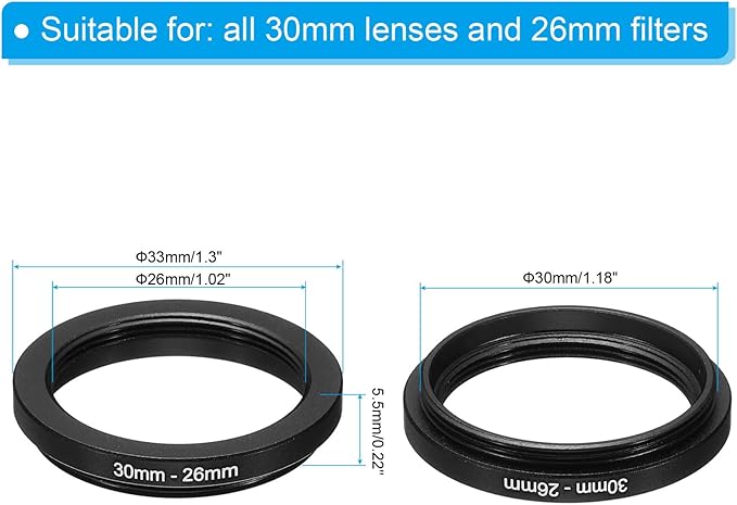 PATIKIL 30mm-26mm Metal Step Down Ring, Camera Lens Filter Adapter Ring Aluminum Filter Adapter Ring for Camera Lenses Hood, Black