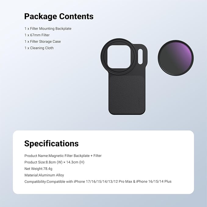 NEEWER 6.9" Magnetic Phone Lens Filter Mount Adapter Backplate Accessories with 67mm Variable Neutral Density Filter (ND 2-32) Compatible with MagSafe iPhone 12/13/14/15/16/17 Pro Max & 14/15/16 Plus
