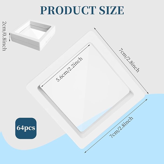 64 Pcs Floating Frame 3D Transparent Plastic Display Stand with Clear PE Film for Coin Jewelry Medallion Shells Small Collectibles Display Case