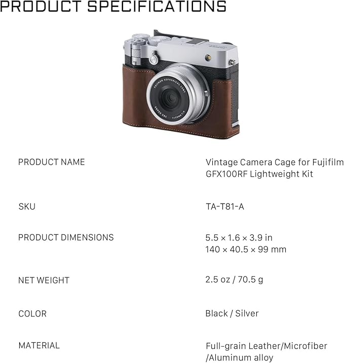 Tilta Vintage Camera Cage Compatible with Fujifilm GFX100RF – Lightweight Kit, Black | Includes Leather Camera Case (Brown) & Hot Shoe Thumb Bracket | Custom Grip Design, Battery Access