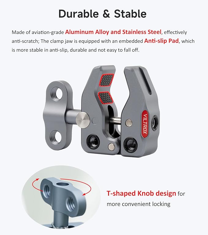 VILTROX ES-V02 Super Crab Claw Clamp Magic Arm Camera Clamp, Crab-Shaped Monitor Clamp with 1/4" 3/8" Threaded Holes for Gopro/DSLR Camera/Stabilizer/LED Light for Photography Video Recording Vlogging