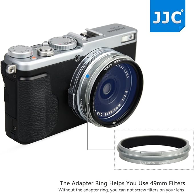 JJC Metal Lens Hood Shade Protector with 49mm Filter Adapter Ring for Fujifilm Fuji X100VI X100V X100F X100T X100S X100 X70 Replaces Fujifilm LH-X100 Lens Hood & AR-X100 Filter Adapter Ring/Silver