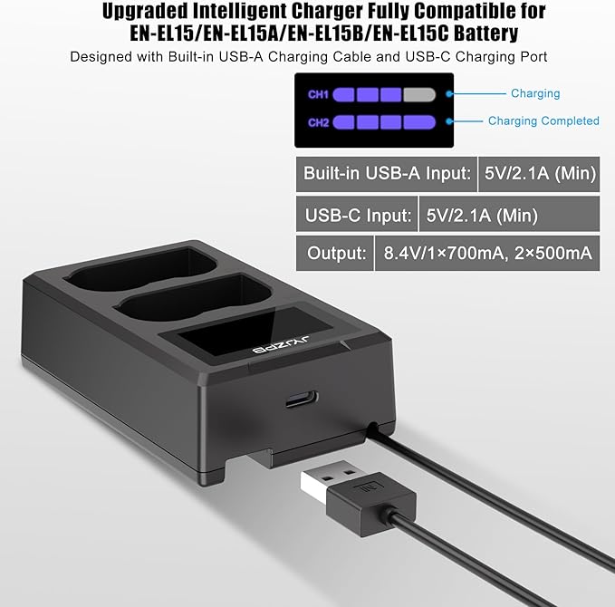 JYJZPB EN-EL15C Battery Charger Set with Built in Cable Compatible for Nikon D7000 D7100 D7200 D7500 D750 ZF Z6 Z6 ii Z7 Z8 D500 D850 ZR Camera Battery