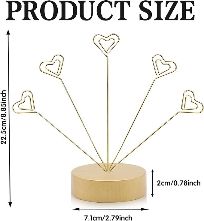 HINGTAI Heart-Shaped Photo Stand Contains Five Clips, Gold Tree Holder for Pictures Desk Photo Display Gift Tree Holder for Party, Round Base Suitable as a Gift for Holidays Weddings or Work