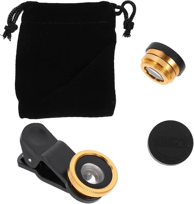 3-in-1 Fisheye Wide Angle Macro Camera Lens Kit for Smartphone, Clip-on Phone Lens Attachment, Gold Color, Compatible with Mobile Phones for Landscape and Selfie Photography