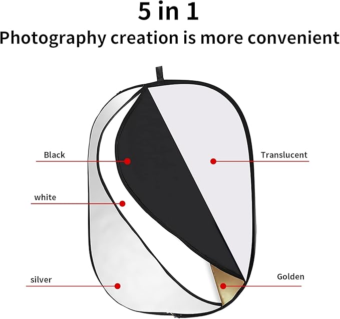 Godox 59″x79″/150x200cm Collapsible Photography Light Reflector, 5-in-1 Oval Multi Disc Diffuser with Carrying Bag - Gold, Silver, Black, White, Translucent for Video Studio Outdoor Lighting