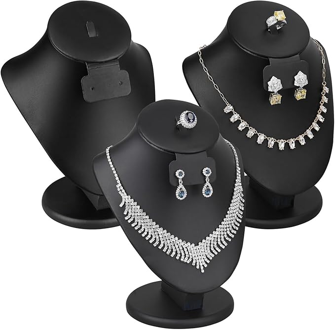 MOOCA 3 Pcs Set Black PU Faux Leather Combination Display Jewelry Stand Bust for Necklaces, Earrings, Rings, Jewelry Display For Vendors