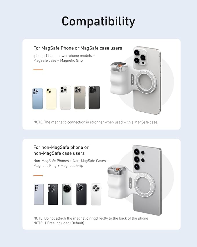 TELESIN Fun Shot Magnetic Phone Camera DSLR Style Shutter Grip for iPhone & Android with Anti-Drop Detachable Wireless Shutter Button - 1/4" Screw - Comfort Ergonomic Camera Grip Handle Holder