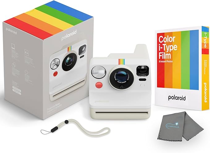 Polaroid Now 3rd Generation i-Type Instant Camera + 8 i-Type Color Film Bundle, Pebble White, Polaroid Camera Bundle with a Lumintrail Lens Cleaning Cloth