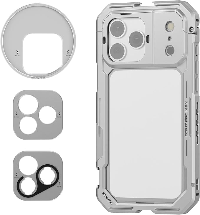NEEWER 17 Pro Cage, Quick Release Video Rig Phone Stabilizer Compatible with iPhone 17 Pro with 67mm Filter Ring, 17mm Lens Backplate, T Mount Adapter Compatible with Moment, Silver, PA143