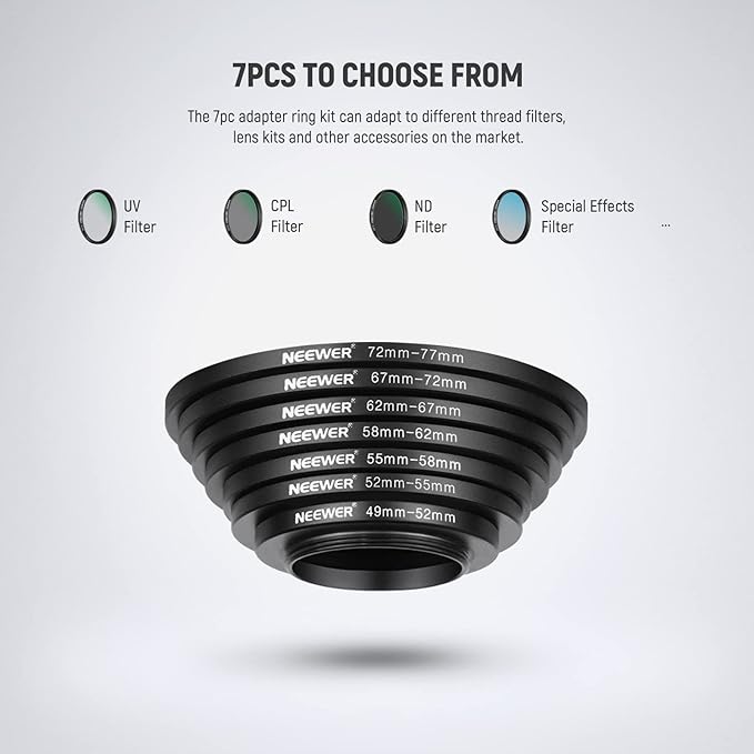 NEEWER 7PCS Step Up Rings Filter Adapter, 49-52mm, 52-55mm, 55-58mm, 58-62mm, 62-67mm, 67-72mm, 72-77mm Threaded Premium Anodized Aluminum Frame