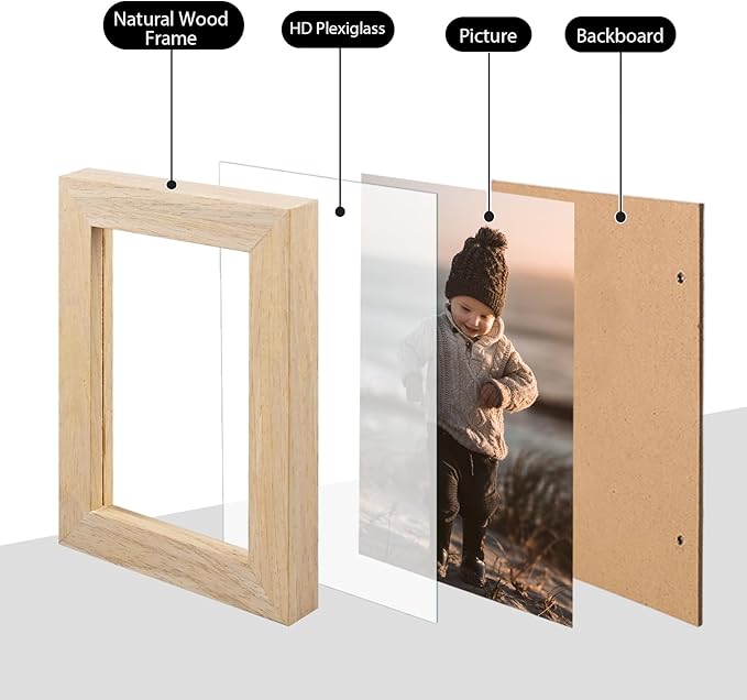 KINLINK 3.5x5 Picture Frame Natural, Solid Wood Frames with Plexiglass for Table Top and Wall Mounting, Photo Frames for Horizontal or Vertical Display, 4 Pack