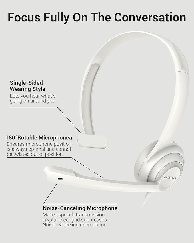 HW02 USB Headset with Microphone Noise Cancelling & in-line Control, Super Light, Ultra Comfort On-Ear Wired Office Call Center Headset for Boom Skype Webinars (White)