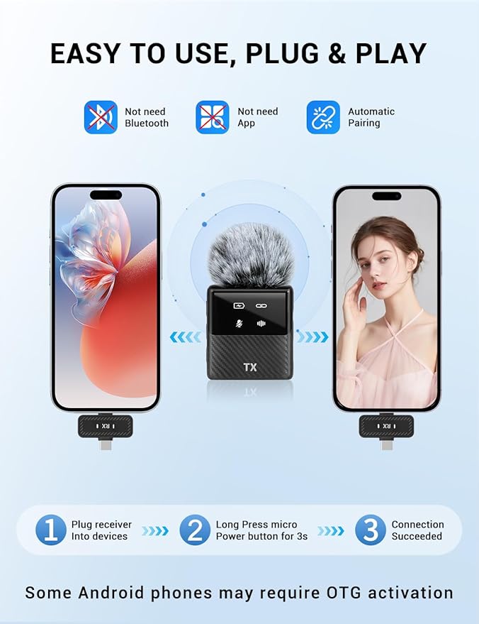 Kairiyard Mini Wireless Lavalier Microphone for iPhone, iPad, Android Phone, Noise Reduction Plug and Play Magnetic Clip on Lapel Mic for Video Recording Podcast Vlogging