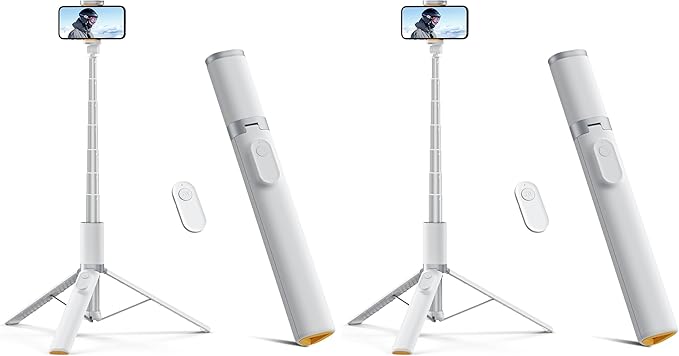 TODI 63" Phone Tripod, Extendable Selfie Stick with Wireless Remote and Phone Holder, Portable All-in-1 Cell Phone Tripod Stand for Video Recording, Compatible with iPhone/Android (White) (Pack of 2)