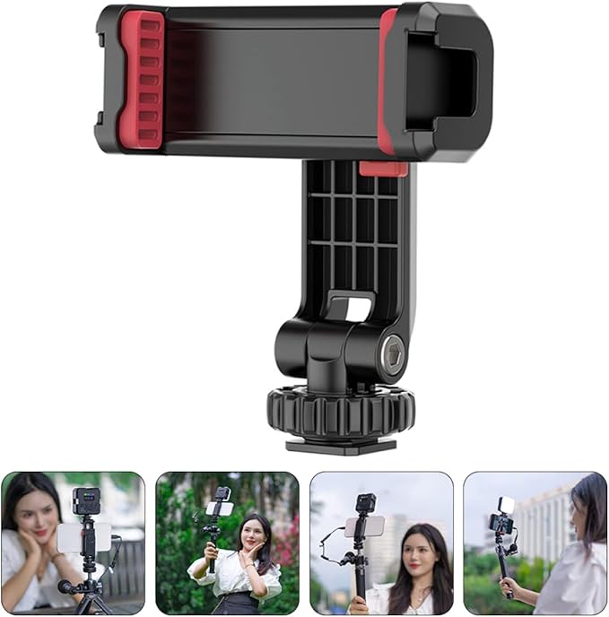 NUOBESTY Cell Phone Tripod Mount with Dual Cold Shoe Holders Rotating Smartphone Clip Adapter for Vlogging and Video Recording Pitch Angle Phone Monitor Mount