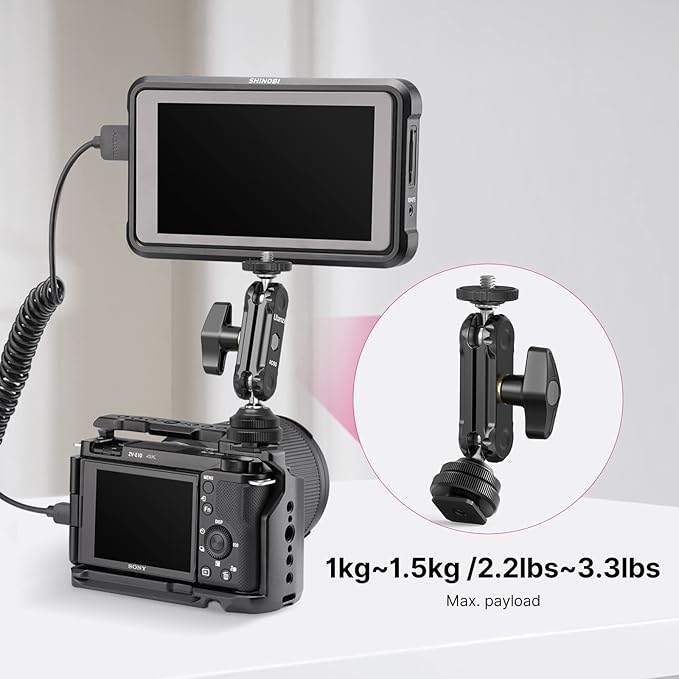 R098 Cold Shoe Monitor Mount, 1/4" Rotatable Dual Ballhead Hot Shoe Mount Microphone Fill Light Camera Monitor Swivel Bracket Compatible with DJI OSMO 360/Pocket 3/Insta 360 x 5/Sony/Canon/Nikon /Fuji