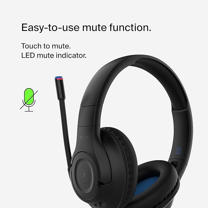 Belkin SoundForm Inspire Wireless Over-Ear Headset for Kids, Online Learning & Travel w/Built-in Microphone, 85dB Safe Volume Limit, 35H Battery - Compatible w/iPhone, iPad, Galaxy & More - Black