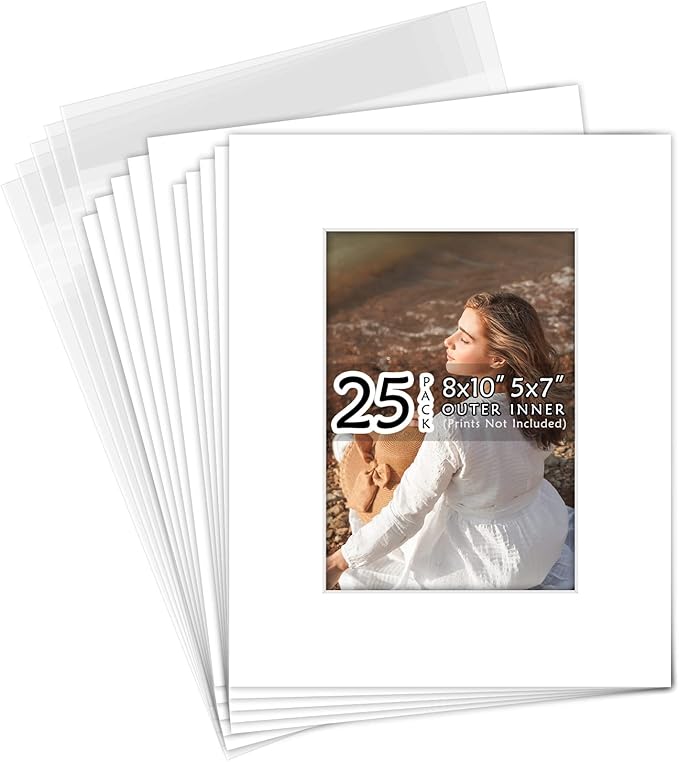 Golden State Art, Acid-Free, Pack of 25, 8x10 White Picture Mats Mattes with White Core Bevel Cut for 5x7 Photo + Backing + Bags