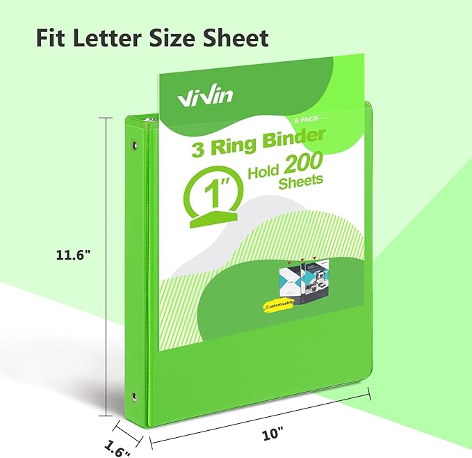 ViVin 1 Inch Round Ring View Binder for Durability, Standard 3 Ring Binder for 200 Sheets of US Letter Size Paper, PVC-Free, 6-Pack (Ivy Green)