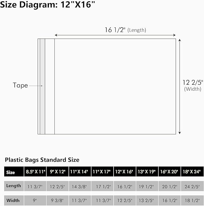 50 Pack Acid-Free Crystal Clear Sleeves Storage Bags for 12x16 Art Prints/Pictures/Photos/Framing Mat Mattes (Bag Size: 12 2/5" x16 1/2")