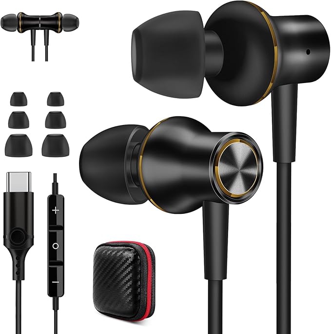 Jiunai USB C Headphones for Samsung S26 Type C Wired Earbuds with Mic In Ear Magnetic Snap S M L Ear Tips Stereo Corded Earphone for iPhone 17 16 15 Galaxy S25 S24 for iPad Pro Pixel 10 9 Black & Gold