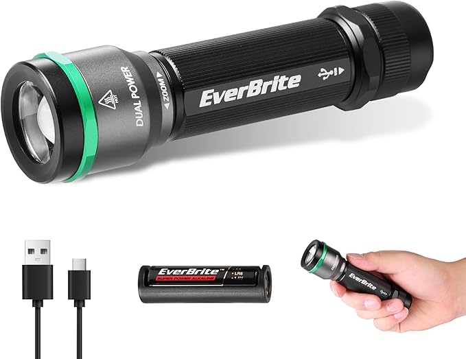 EverBrite 1000LM Small Flashlight, 5 Modes Zoomable Dual Power Flashlight, Mini Flashlights High Lumens, Rechargeable or AA Battery, Pocket Flashlight for Home, Emergency, Hiking, Camping