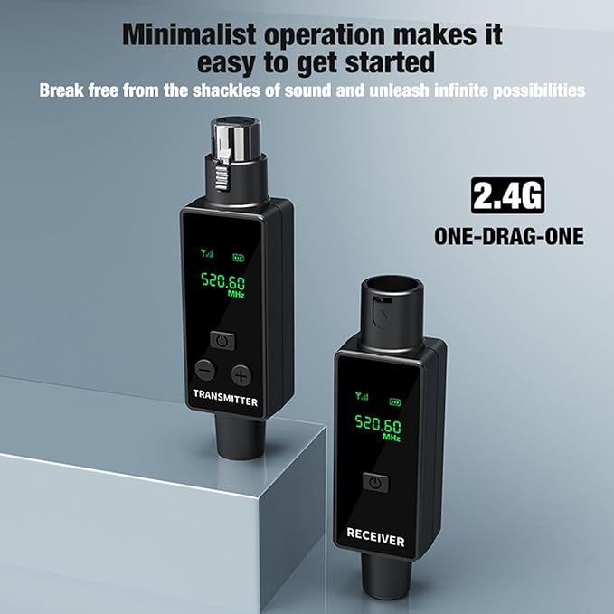 Diyeeni 2.4GHz Wireless XLR Microphone Transmitter Receiver, Plug and Play Wireless Mic Adapter with 24Bit 48kHz Audio Quality for Dynamic Condenser Mics Cameras PA Systems (1 for 1)