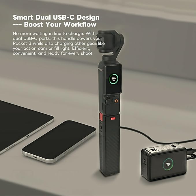 Metal Battery Charging Handle for DJI Osmo Pocket 3/Xtra Muse, Built-in 5000mAh Battery, 22.5W Fast Charging, with Mini Tripod Included
