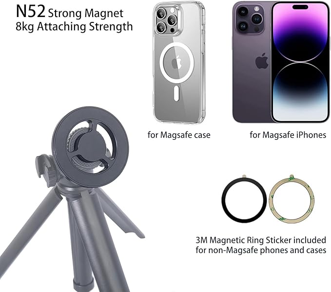 Magnetic Phone Tripod Mount Adapter for Magsafe, with 1/4” Screw and Magnetic Ring Compatible with iPhone 17/16/15/14/13...Samsung, Almost All Cellphones Live, Broadcast Tripod..
