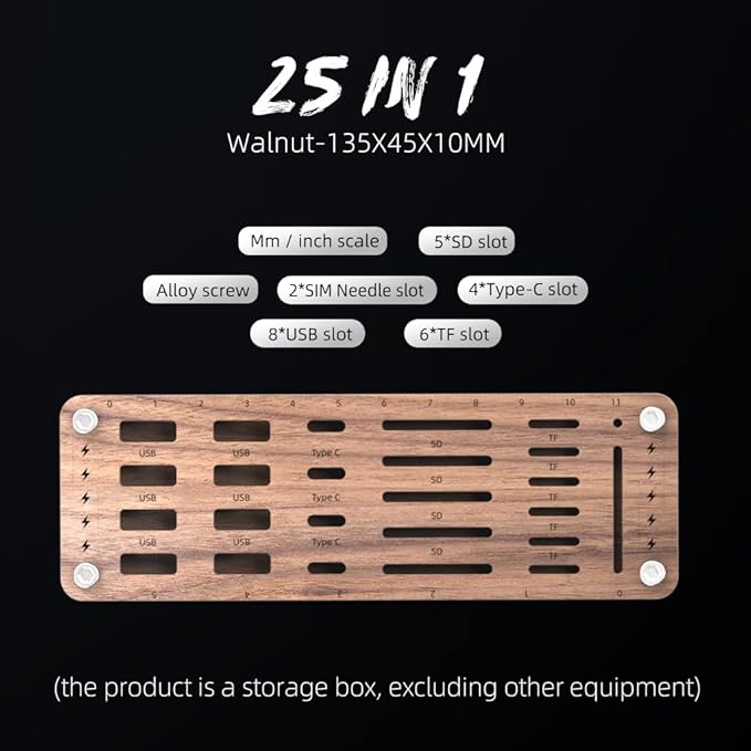 FEIFANZHE 25 Slot Wooden Memory Card Case Box and USB Drive Stand - SD Card Holder, Micro SD Case, Mobile Card Taking Needle - FSNH01M
