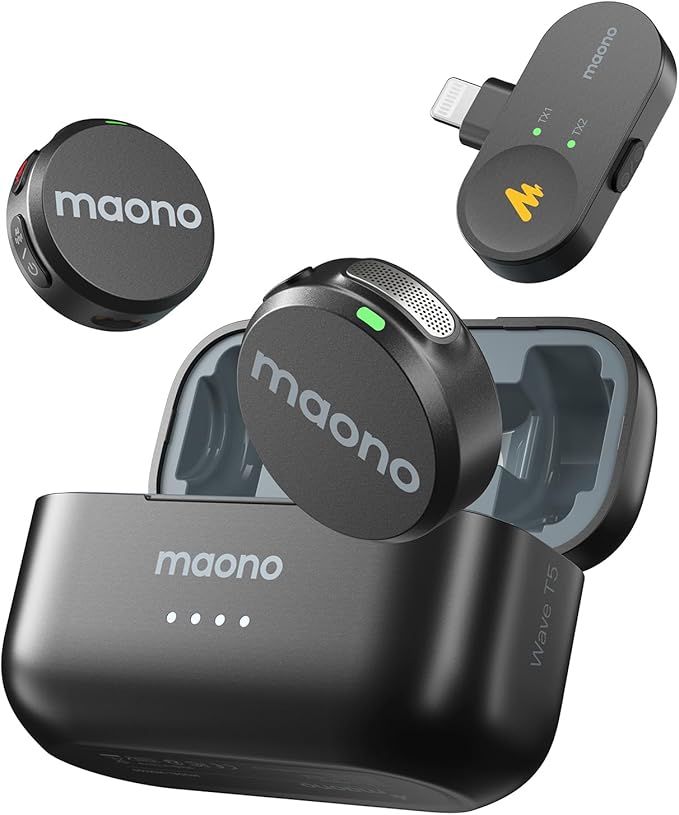 MAONO Wireless Lavalier Microphone for iPhone 14 and Below, MFi Certified Lightning Plug, 48KHz 24Bit, 1000ft Range, Voice Filter, Noise Cancellation, 30H Use for Video Recording, Streaming - Wave T5